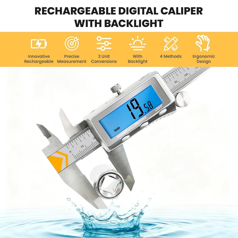 LAYME Digital Caliper, Rechargeable Caliper Measuring Tool with Backlight LCD Screen,Vernier Dial Caliper Stainless Steel with Auto-Off Feature,Inch Metric Fraction Conversion, for Jewelers/Woodworkers/DIY - Image 2